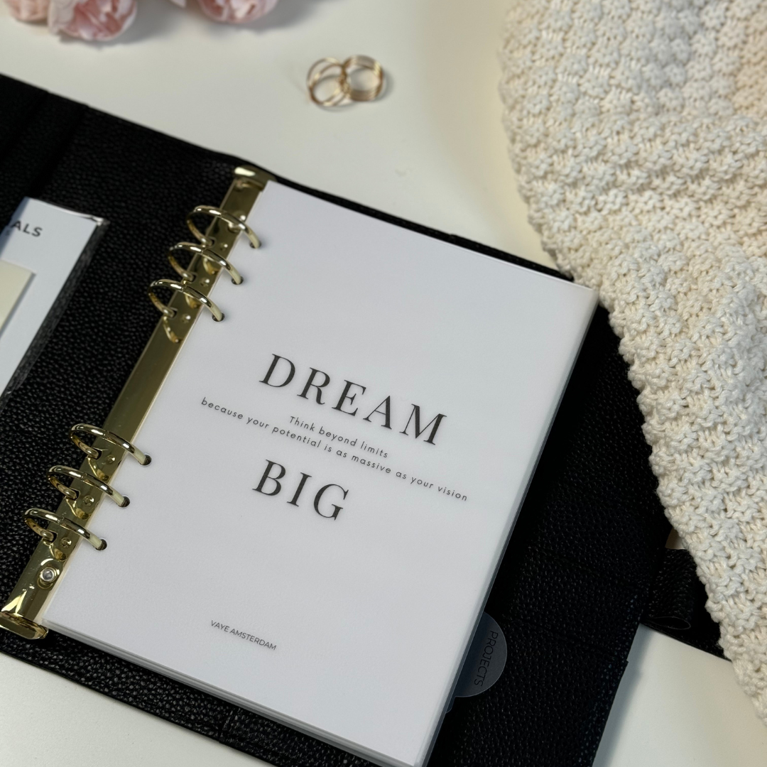 Planner dashboard van vellum met de tekst dream big en een korte motiverende tekst.