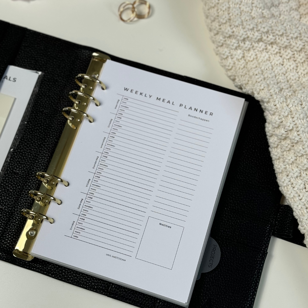 Wekelijkse meal planner waarbij alle maaltijden gepland kunnen worden in A5.