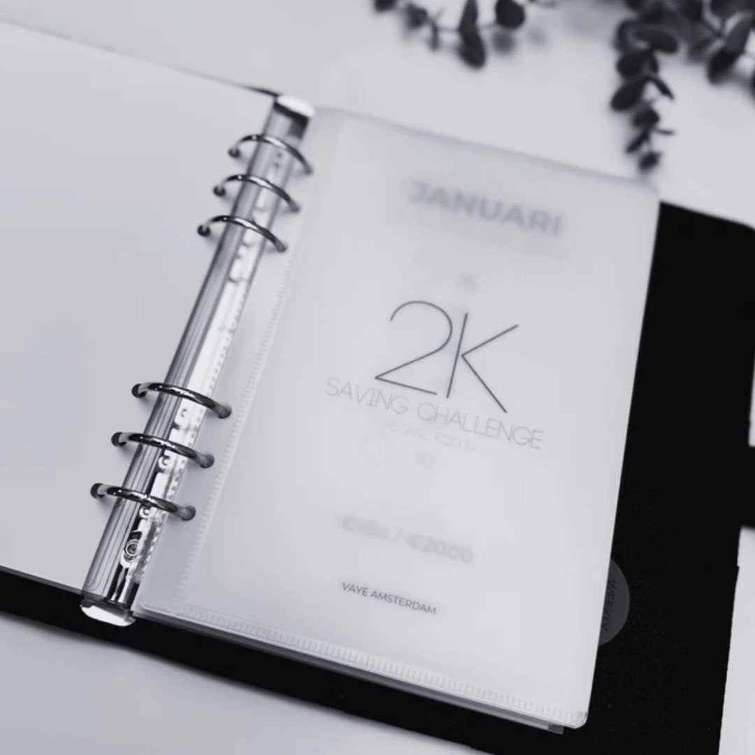 Minimalistische spaar challenge voor cashstuffing: eenvoudige vakjes om per gespaard bedrag af te strepen. Helder en overzichtelijk ontwerp