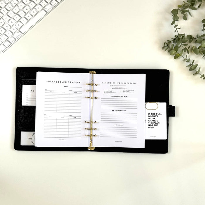 Financiële weekreflectie planner voor cash stuffing, helpt uitgaven bijhouden en budgetdoelen evalueren per week